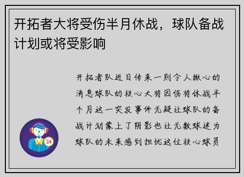 开拓者大将受伤半月休战，球队备战计划或将受影响